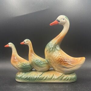 Elegant Ceramic Duck Family Figurine - Green and Orange